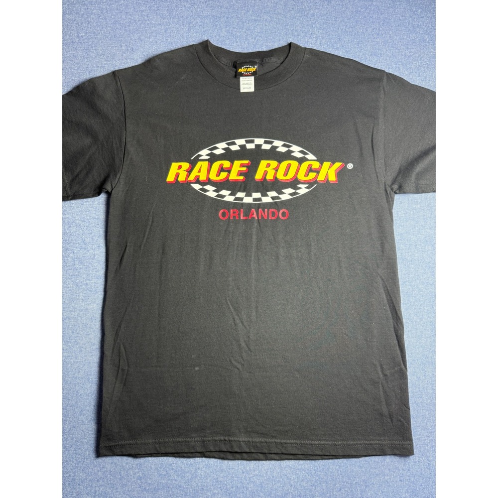 Race Rock Orlando Graphic T-Shirt Black Mens Medium Checkered Flag Logo